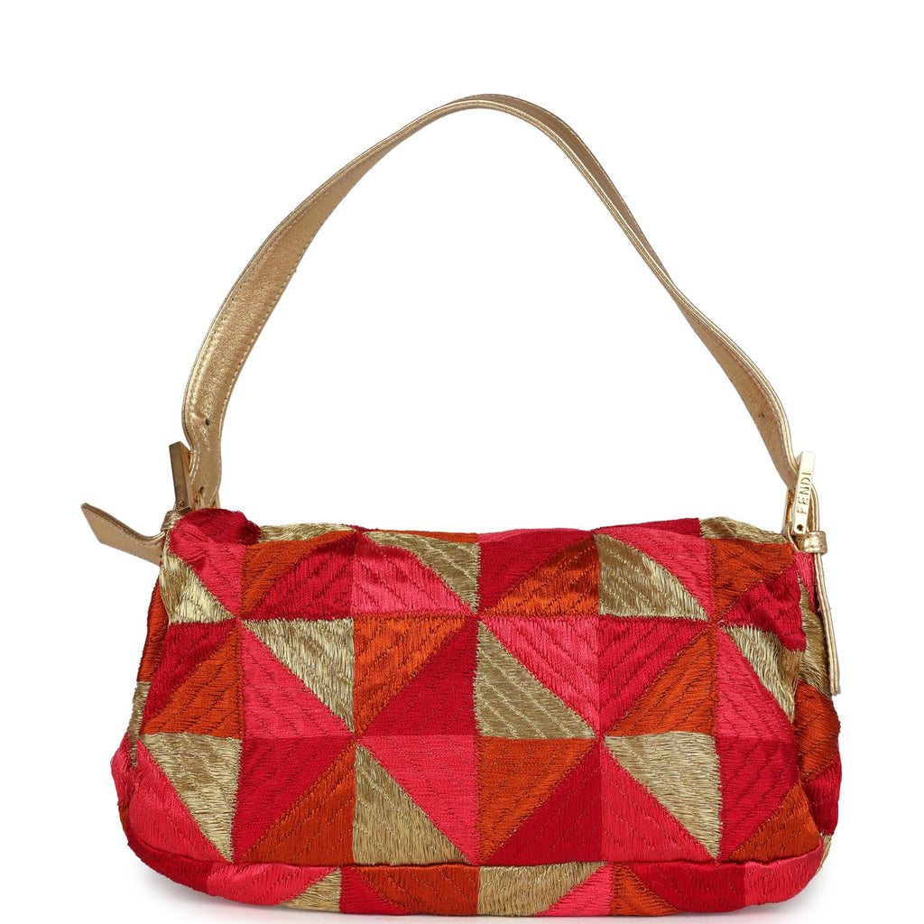 Vintage Fendi Patchwork Baguette Bag Gold, Pink, Orange and Red Embroidered Silk Gold Hardware - Image 5