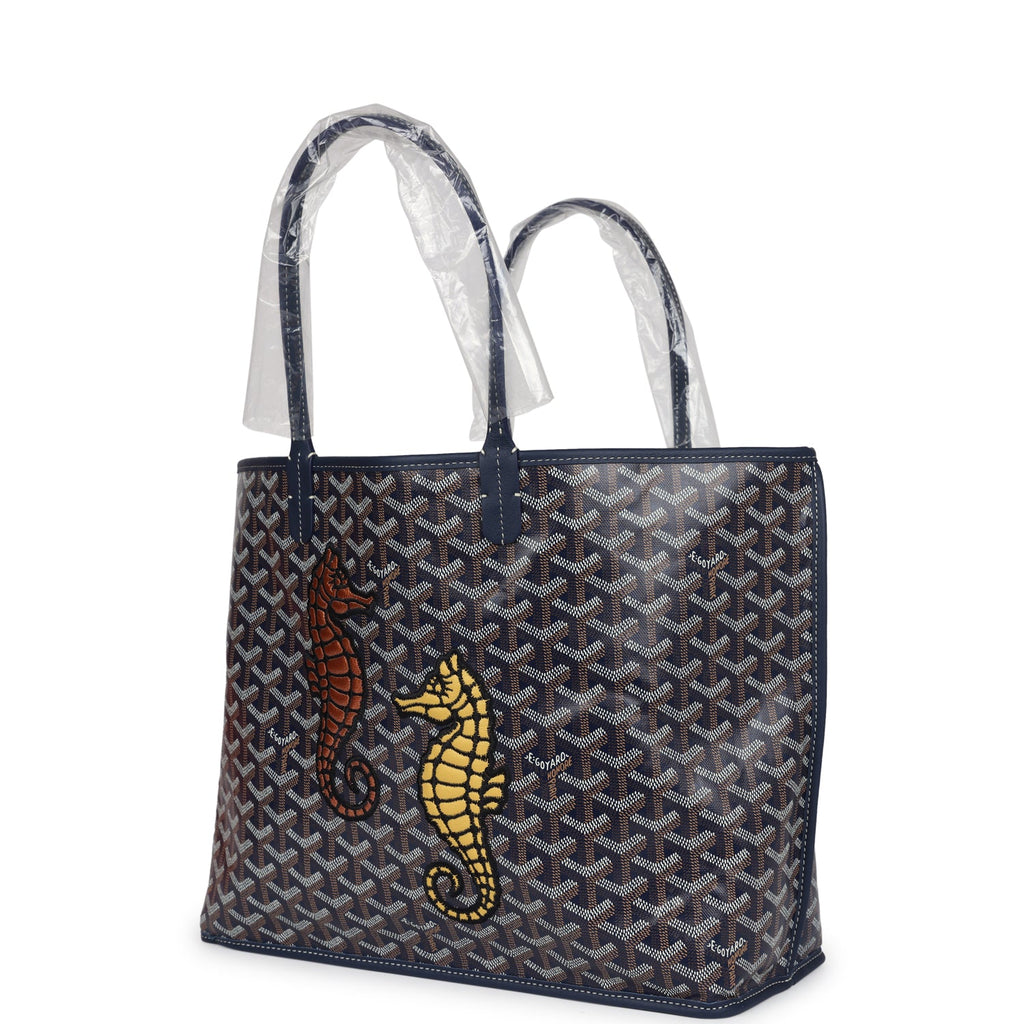 Goyard Goyardine Navy Blue Anjou PM Embroidered Seahorse Bag Palladium Hardware - Image 6