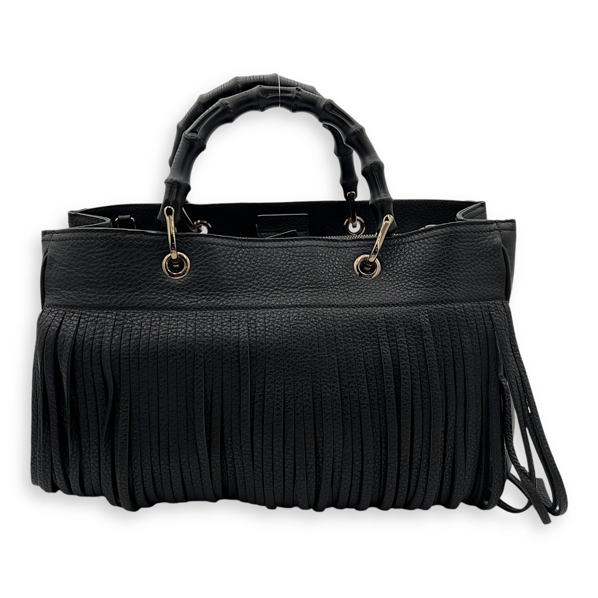 Bamboo Tassel Black Top Handle Bag in Calfskin, Gunmetal hardware - Image 3