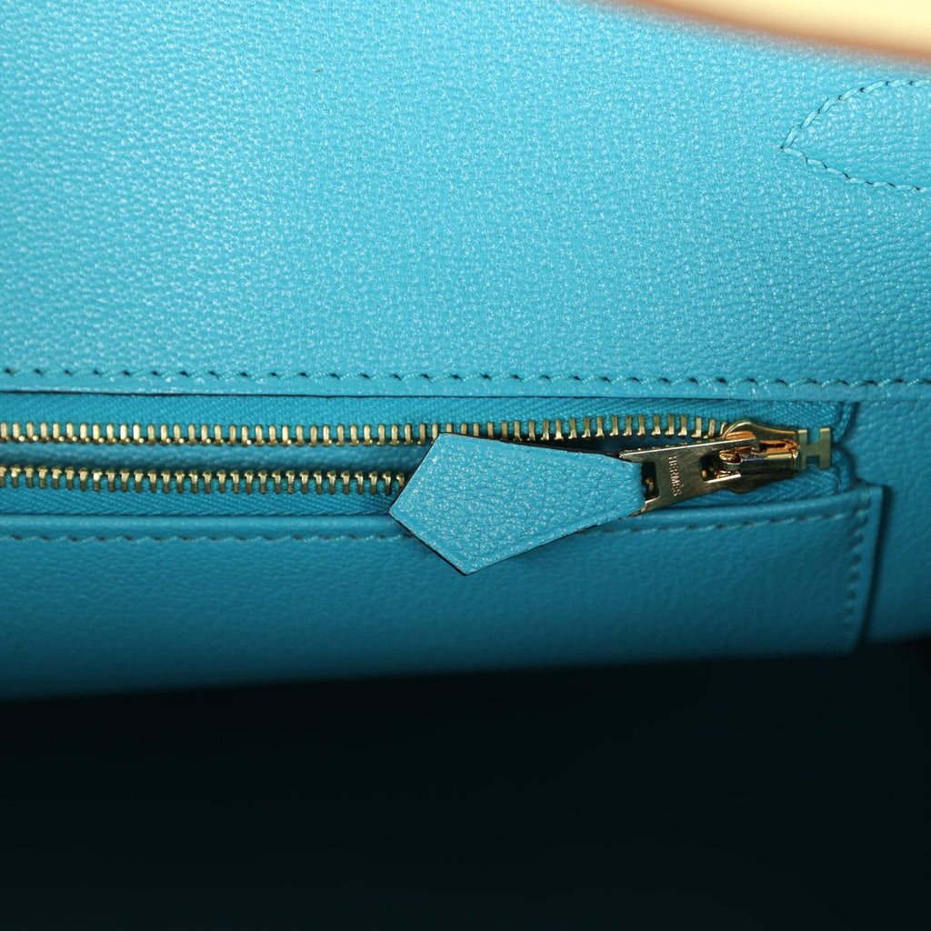 Pre-owned Hermes Special Order (HSS) Birkin 35 Jaune Poussin and Bleu Paradise Togo Brushed Gold Hardware - Image 10