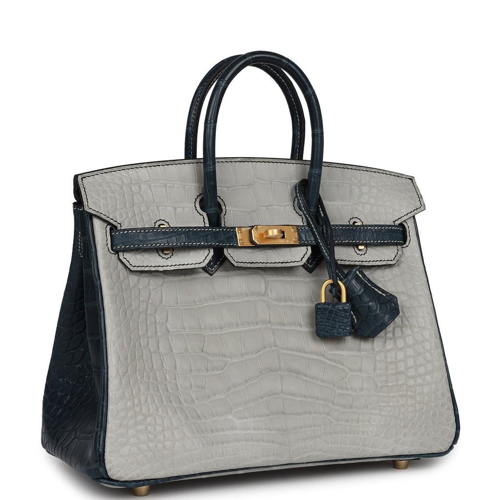 Hermes Special Order (HSS) Birkin 25 Gris Perle and Vert Rousseau Matte Alligator Brushed Gold Hardware - Image 3