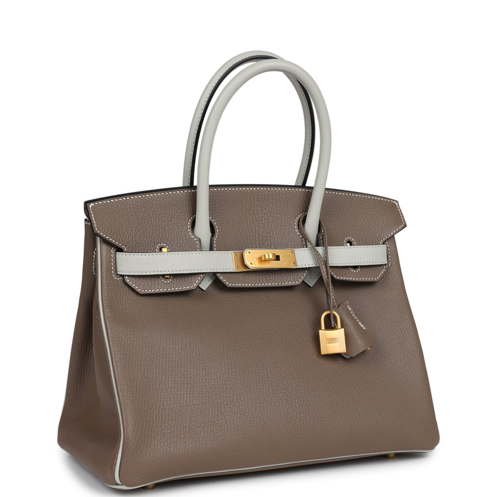 Pre-owned Hermes Special Order (HSS) Birkin 30 Etoupe and Gris Perle Chevre Brushed Gold Hardware - Image 3