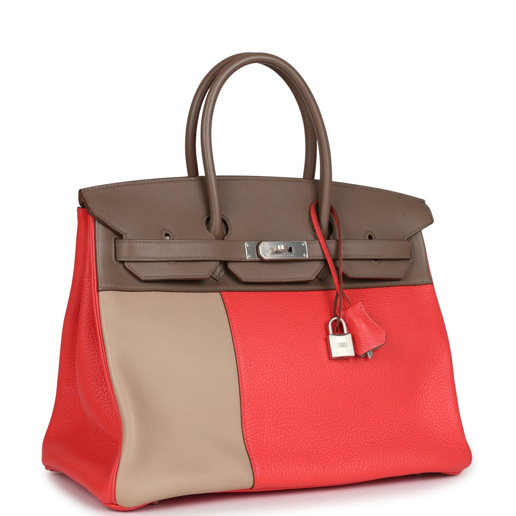 Pre-owned Hermes Birkin 30 Cascade Rose Jaipur, Etoupe and Argile Swift and Clemence Brushed Palladium Hardware - Image 3