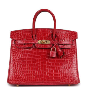 Hermes Birkin 25 Braise Shiny Porosus Crocodile Gold Hardware