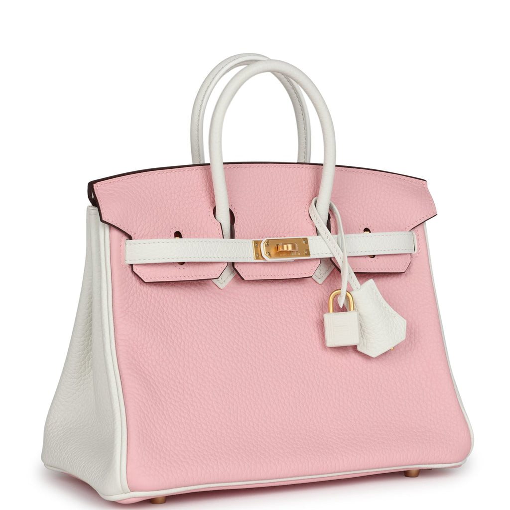 Hermes Special Order (HSS) Birkin 25 Rose Sakura and White Clemence Brushed Gold Hardware - Image 3