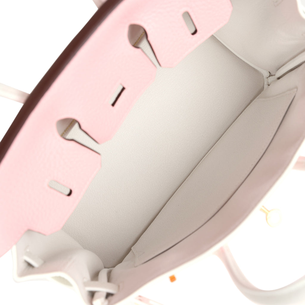 Hermes Special Order (HSS) Birkin 25 Rose Sakura and White Clemence Brushed Gold Hardware - Image 9