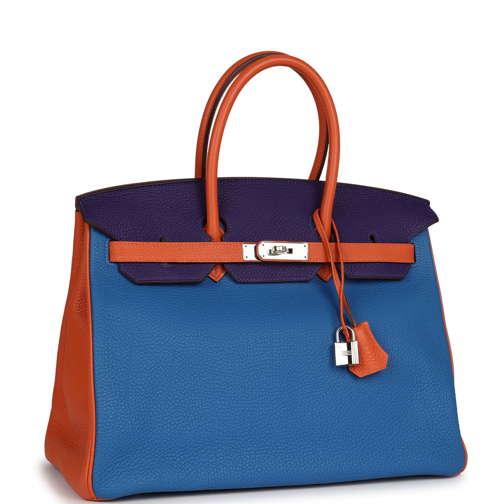 Pre-owned Hermes Special Order (HSS) Birkin 35 Tricolor Bleu Hydra, Ultraviolet and Orange Togo Palladium Hardware - Image 3