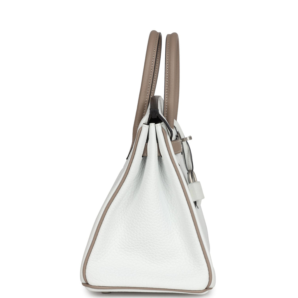 Hermes Special Order (HSS) Birkin 25 White and Etoupe Clemence Brushed Palladium Hardware - Image 4