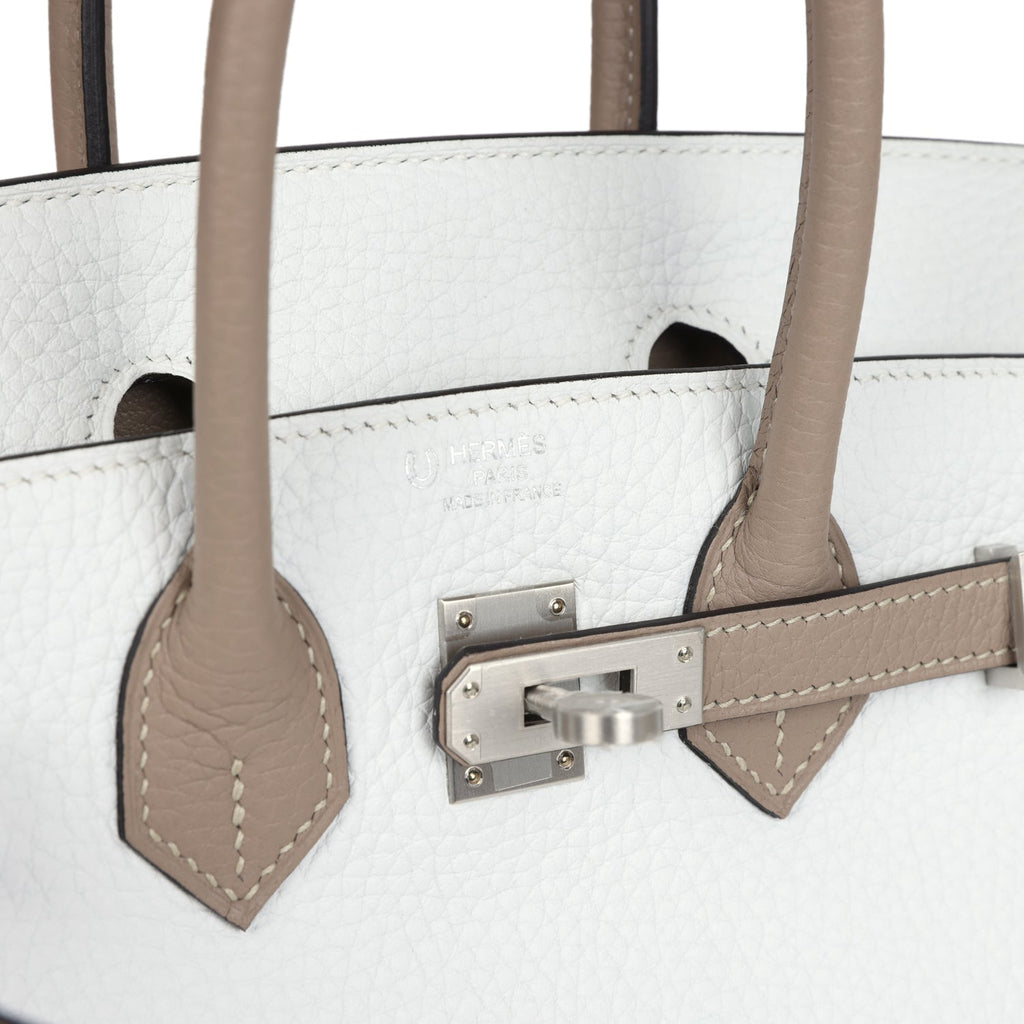 Hermes Special Order (HSS) Birkin 25 White and Etoupe Clemence Brushed Palladium Hardware - Image 8