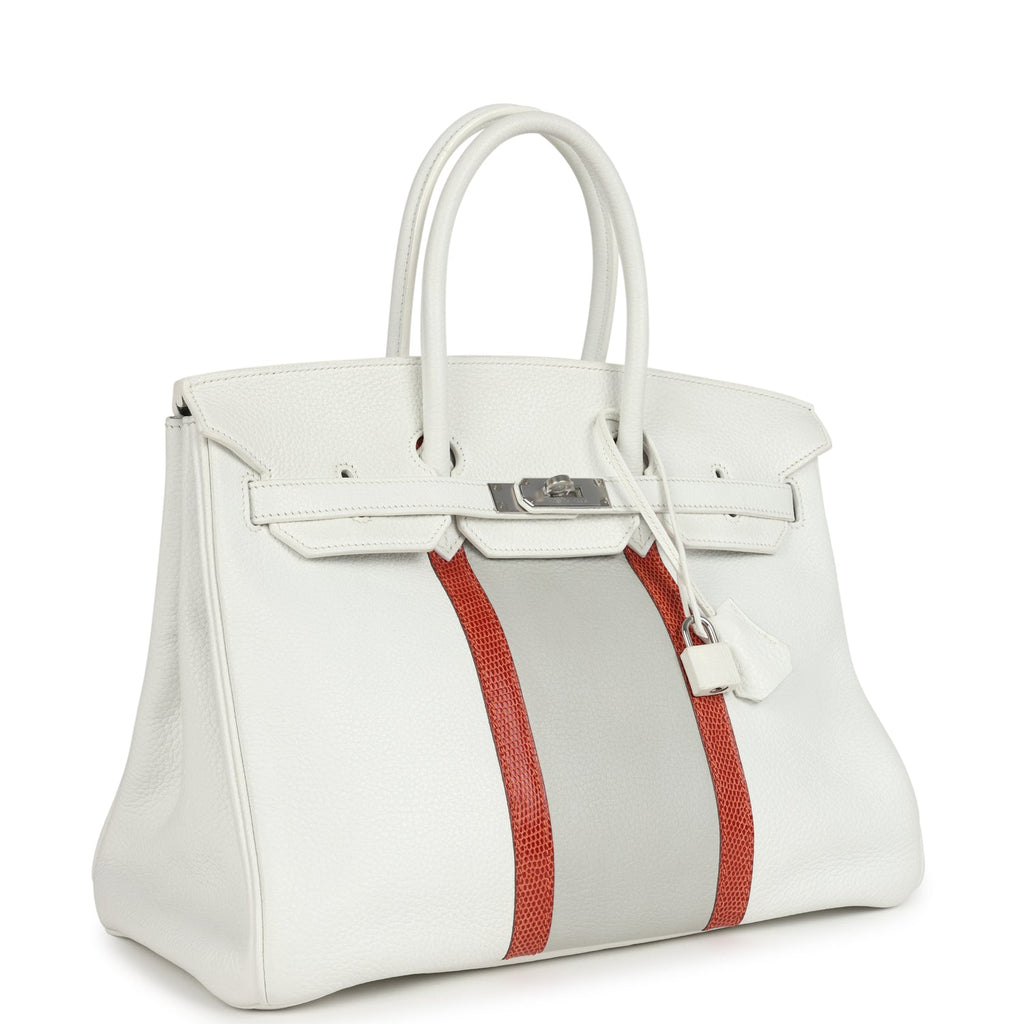 Pre-owned Hermes Birkin Club 35 White and Gris Perle Clemence and Sanguine Lizard Palladium Hardware - Image 3
