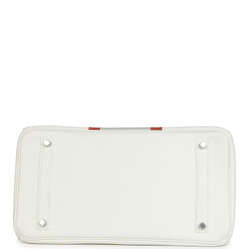 Pre-owned Hermes Birkin Club 35 White and Gris Perle Clemence and Sanguine Lizard Palladium Hardware - Image 7