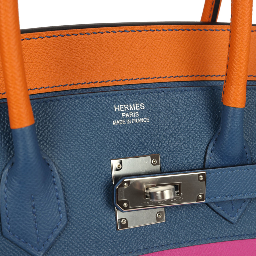 Hermes "Sunset" Birkin Sellier 35 Abricot, Bleu Agate, Magnolia and Rouge Casaque Epsom Palladium Hardware - Image 8