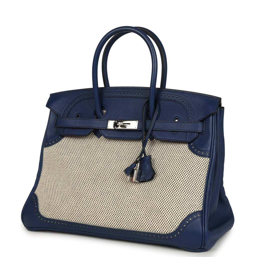 Pre-owned Hermes Birkin 35 Ghillies Bleu Saphir Swift and Ecru Toile Palladium Hardware - Image 6
