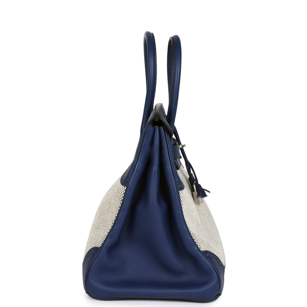 Pre-owned Hermes Birkin 35 Ghillies Bleu Saphir Swift and Ecru Toile Palladium Hardware - Image 4