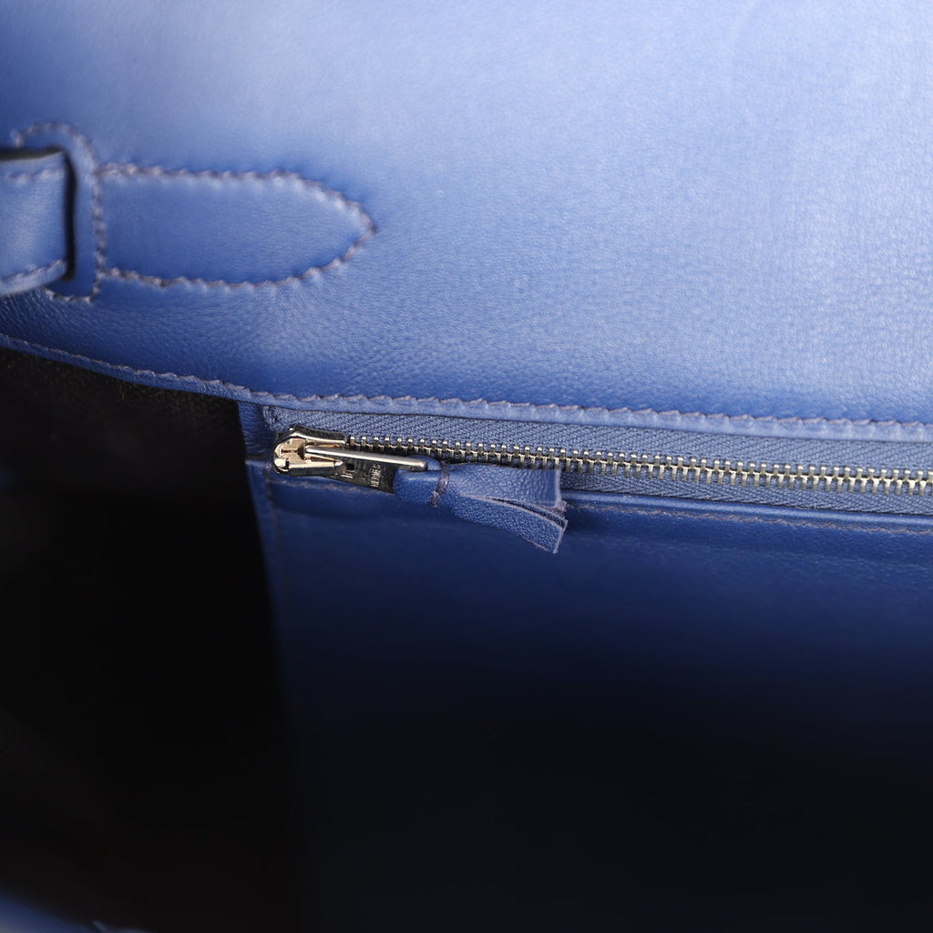 Pre-owned Hermes Birkin 35 Ghillies Bleu Saphir Swift and Ecru Toile Palladium Hardware - Image 9