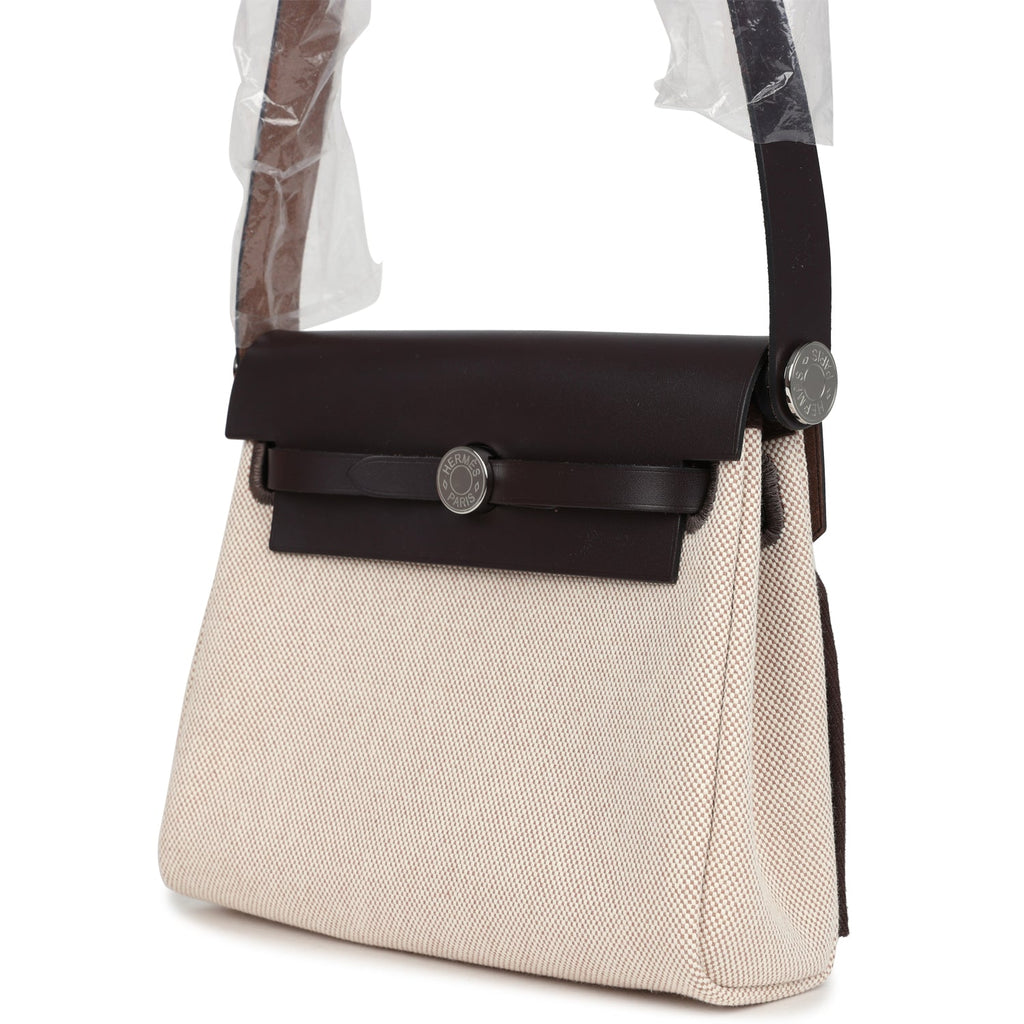 Hermes Herbag Zip 20 Mini Ecru and Beige Toile H Canvas and Ebene Vache Hunter Palladium Hardware - Image 6