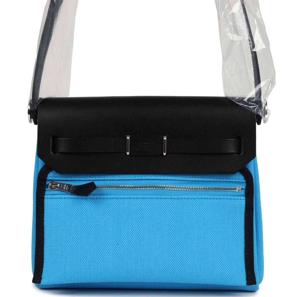 Hermes Herbag Zip 20 Mini Bleu Riviera Toile H Canvas and Black Vache Hunter Palladium Hardware - Image 5