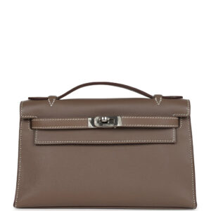 Pre-owned Hermes Kelly Pochette Etoupe Swift Palladium Hardware