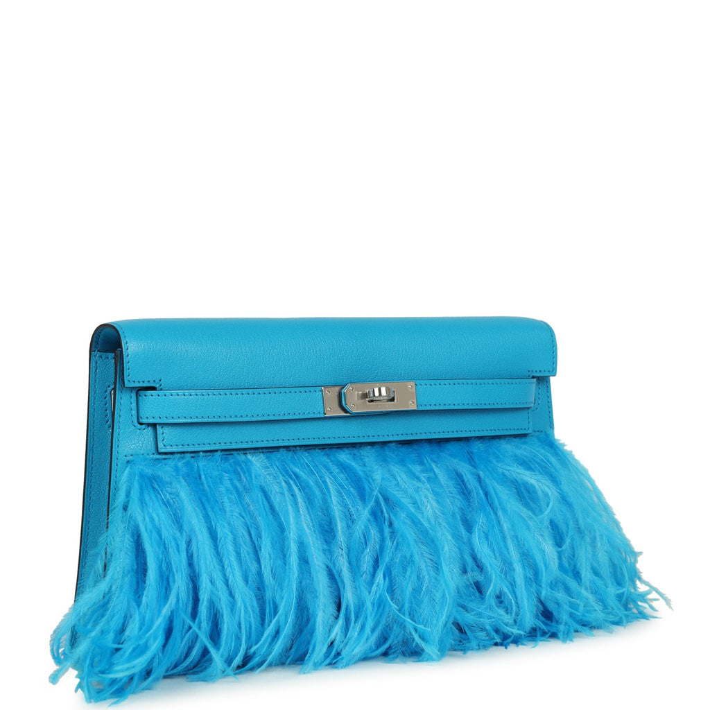 Hermes Kelly Elan Foile Bleu Frida Chevre Chamkila and Ostrich Feathers Palladium Hardware - Image 3