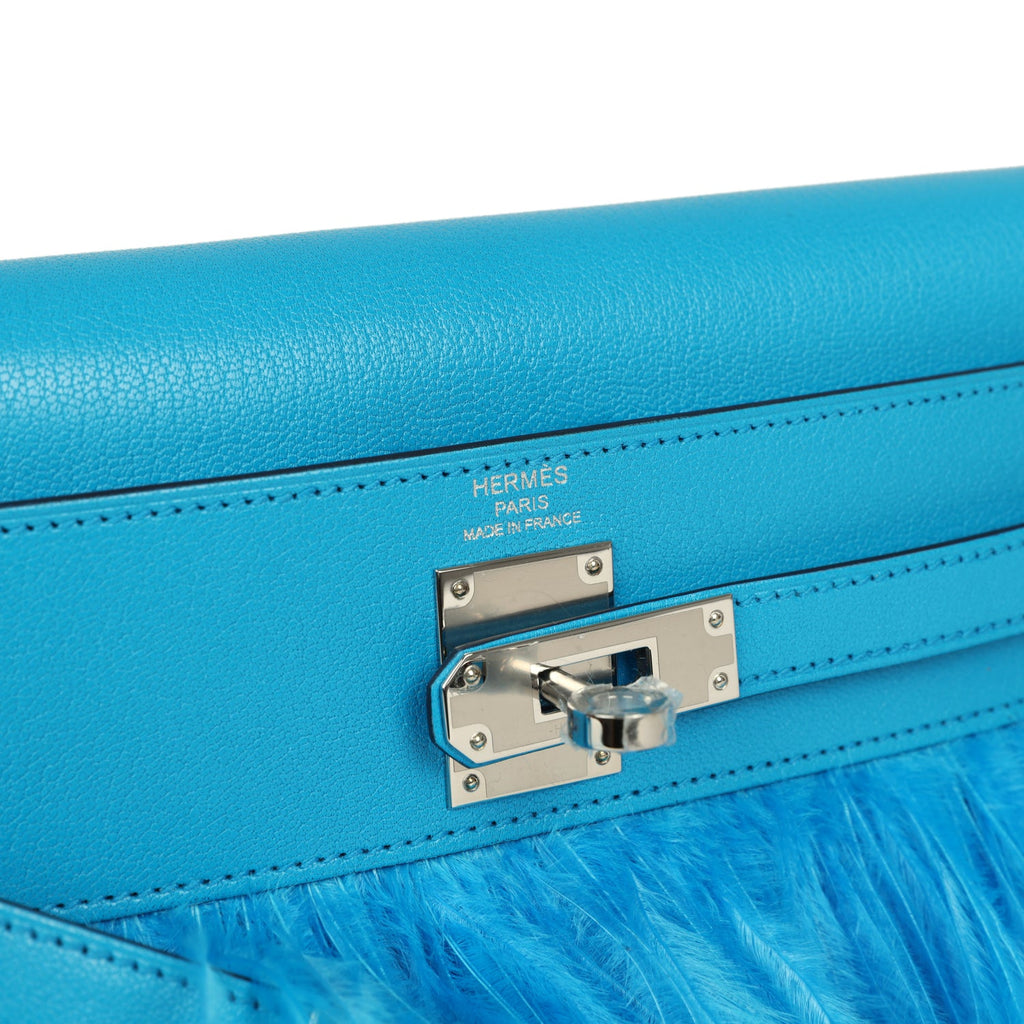 Hermes Kelly Elan Foile Bleu Frida Chevre Chamkila and Ostrich Feathers Palladium Hardware - Image 8
