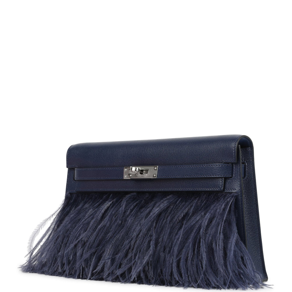 Hermes Kelly Elan Foile Bleu Saphir Chevre Chamkila and Ostrich Feathers Palladium Hardware - Image 6