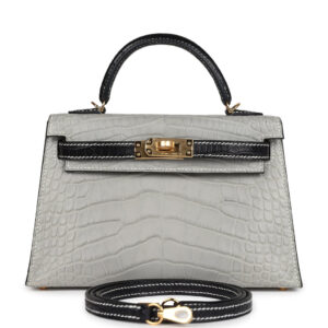 Hermes Special Order (HSS) Kelly Sellier 20 Gris Perle and Black Matte Alligator Gold Hardware