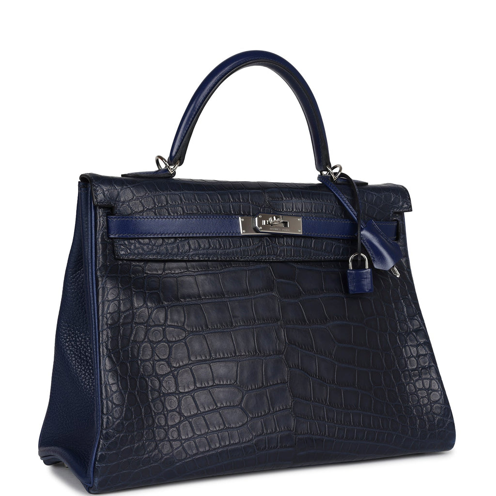 Pre-owned Hermes Kelly Retourne 35 Bleu Indigo Matte Alligator and Bleu Saphir Swift and Clemence Palladium Hardware - Image 3