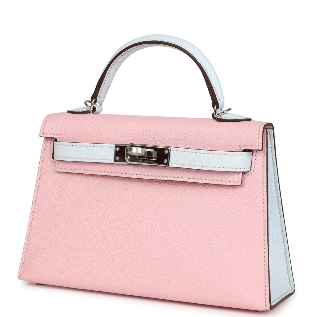 Hermes Special Order (HSS) Kelly Sellier 20 Rose Sakura and Bleu Brume Chevre Palladium Hardware - Image 6
