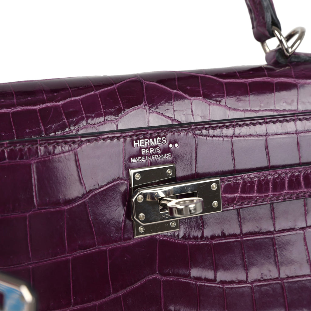 Pre-owned Hermes Kelly Sellier 25 Amethyst Shiny Niloticus Crocodile Palladium Hardware - Image 8