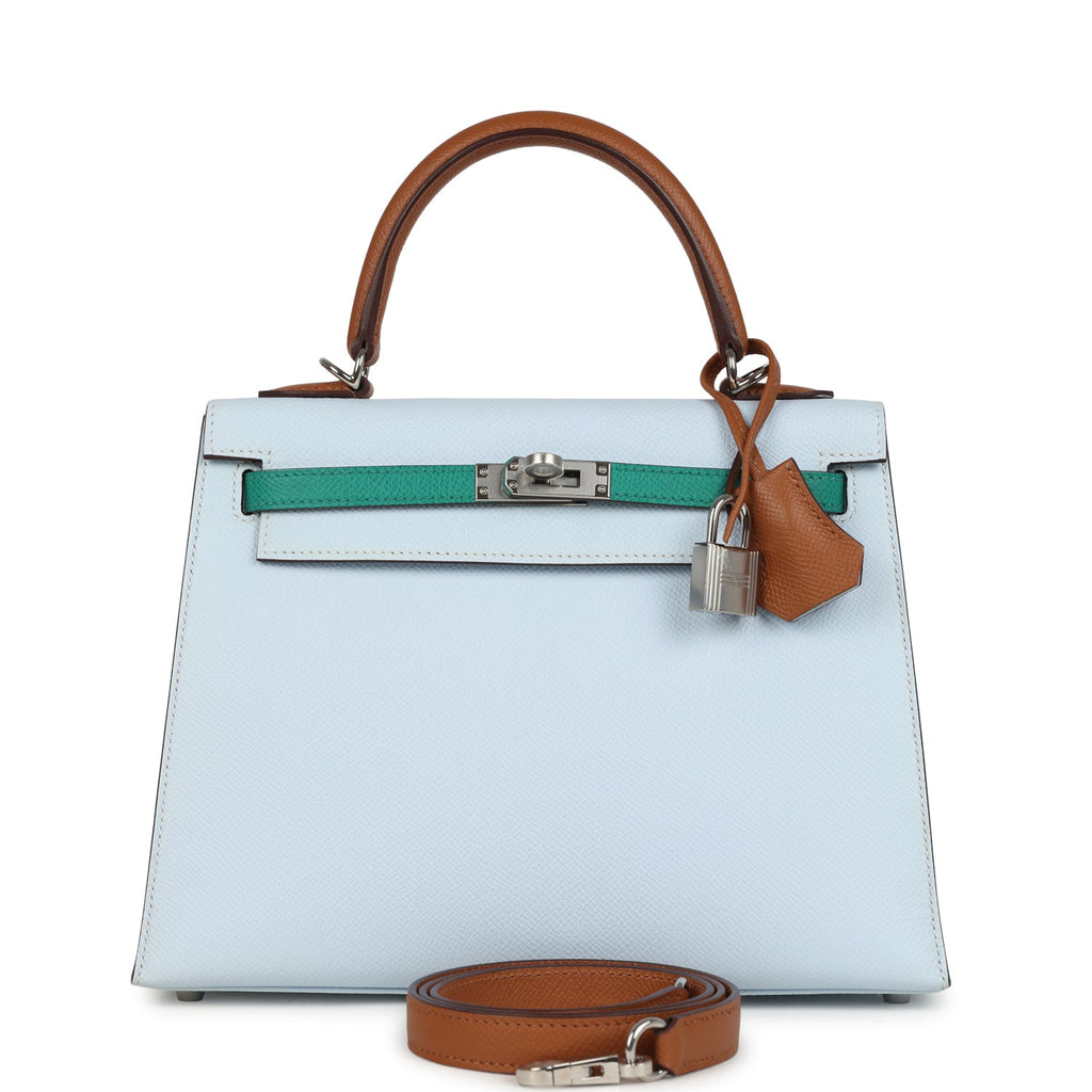 Hermes Kelly Sellier 25 Tri-Color Bleu Brume, Gold and Vert Jade Epsom Epsom Palladium Hardware