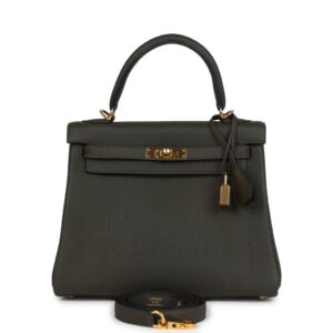 Pre-owned Hermes Kelly Retourne 25 Vert De Gris Togo Gold Hardware