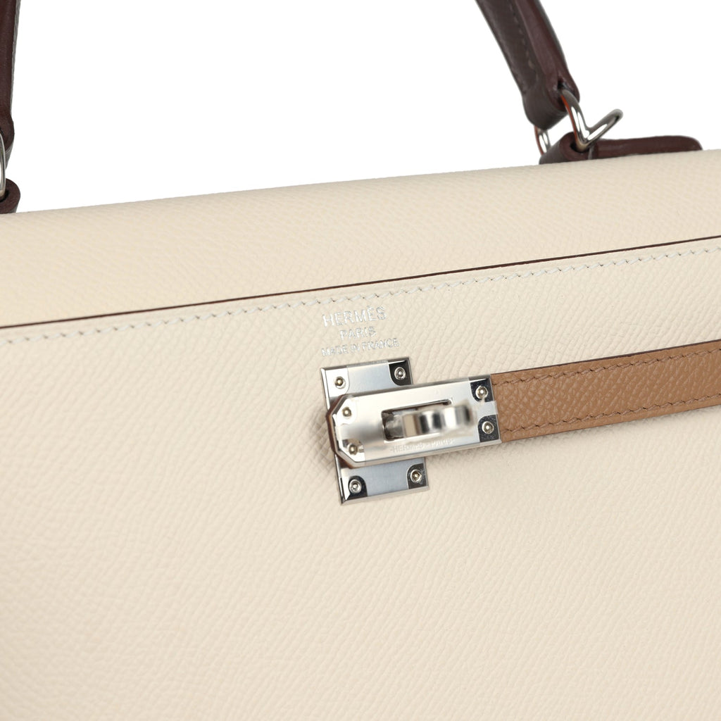 Hermes Kelly Sellier 25 Tri-Color Nata, Gris Meyer and Chai Epsom Palladium Hardware - Image 8