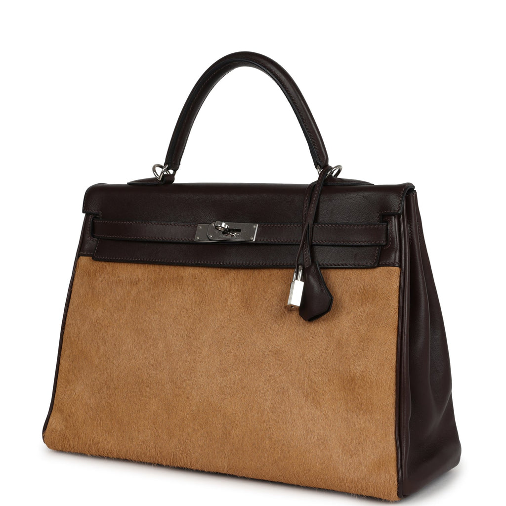 Vintage Hermes Kelly Retourne 35 Ebene Evercalf and Blond Troika Palladium Hardware - Image 6