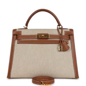 Vintage Hermes Kelly Sellier 32 Gold Courchevel and Ecru-Beige Toile H Canvas Gold Hardware
