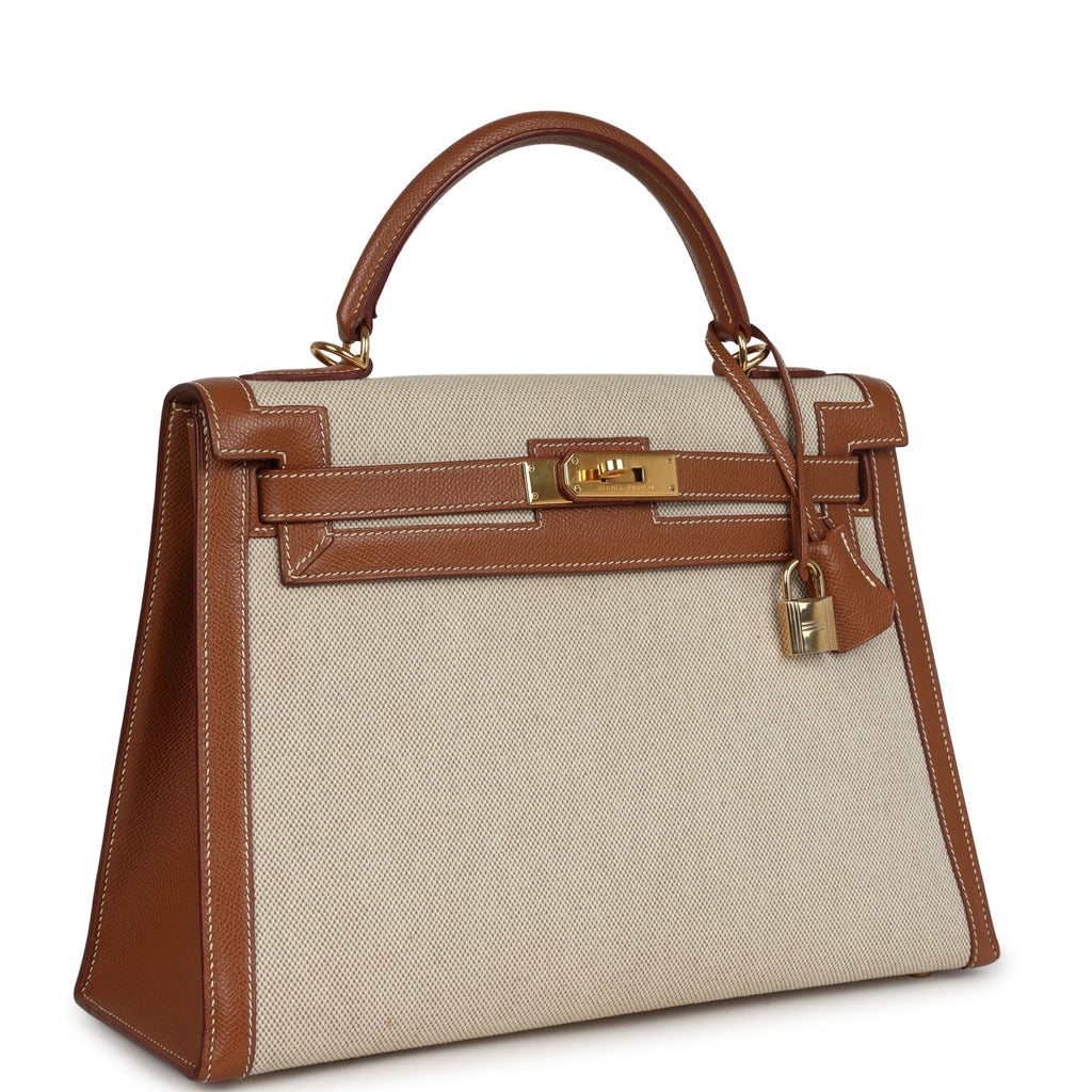 Vintage Hermes Kelly Sellier 32 Gold Courchevel and Ecru-Beige Toile H Canvas Gold Hardware - Image 3