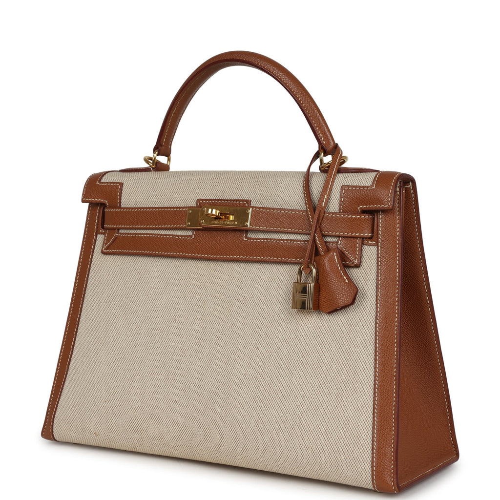 Vintage Hermes Kelly Sellier 32 Gold Courchevel and Ecru-Beige Toile H Canvas Gold Hardware - Image 6