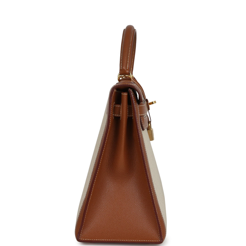 Vintage Hermes Kelly Sellier 32 Gold Courchevel and Ecru-Beige Toile H Canvas Gold Hardware - Image 4