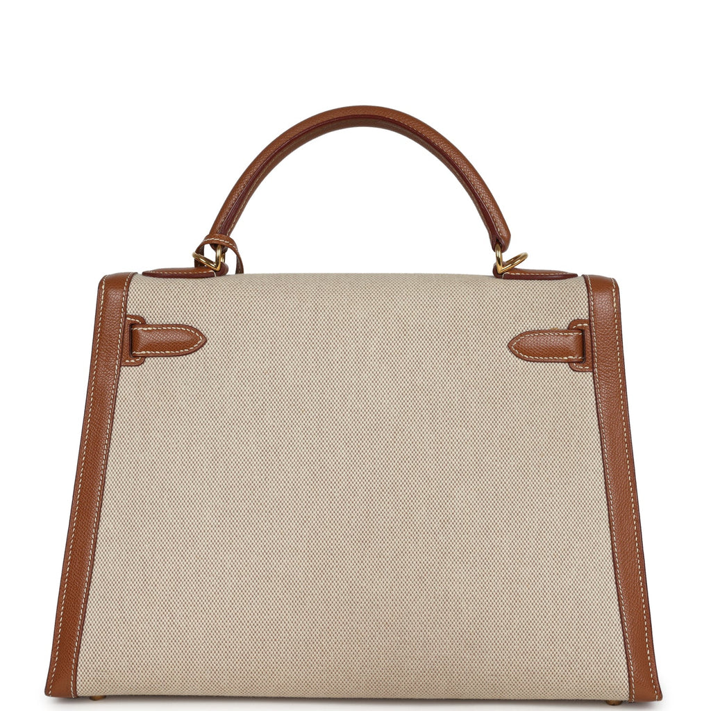 Vintage Hermes Kelly Sellier 32 Gold Courchevel and Ecru-Beige Toile H Canvas Gold Hardware - Image 5