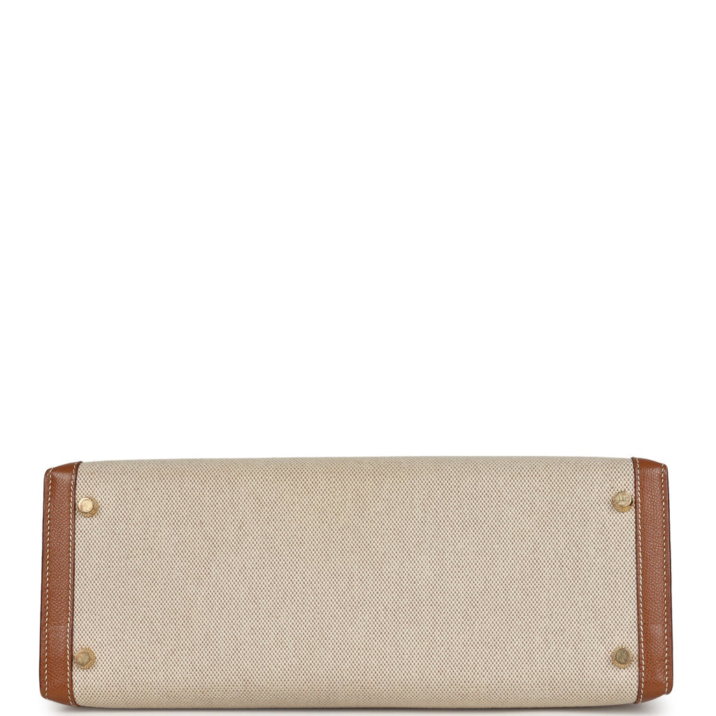 Vintage Hermes Kelly Sellier 32 Gold Courchevel and Ecru-Beige Toile H Canvas Gold Hardware - Image 7