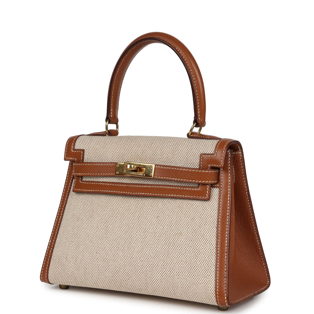 Vintage Hermes Kelly Sellier 20 Gold Courchevel and Ecru-Beige Toile H Canvas Gold Hardware - Image 6