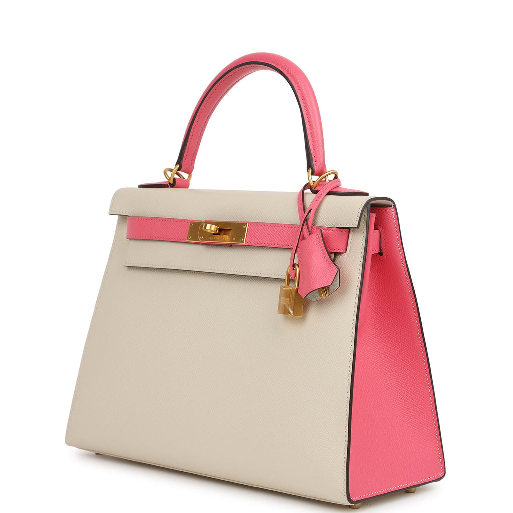 Pre-owned Hermes Special Order (HSS) Kelly Sellier 28 Craie and Rose Azalee Epsom Brushed Gold Hardware - Image 6