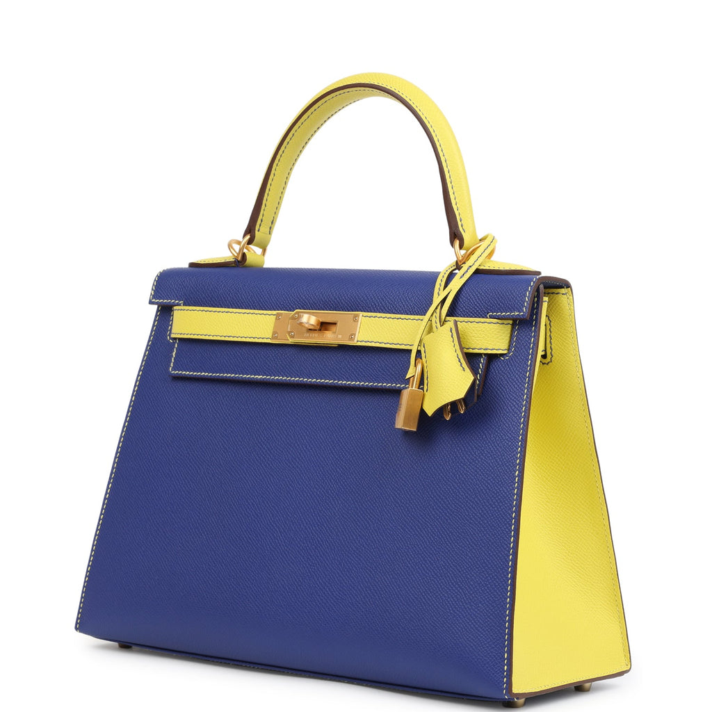 Hermes Special Order (HSS) Kelly Sellier 28 Bleu Electric and Lime Epsom Brushed Gold Hardware - Image 6