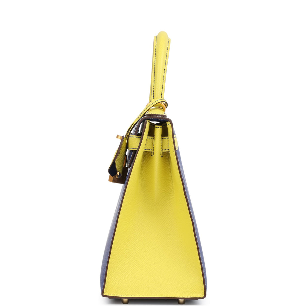 Hermes Special Order (HSS) Kelly Sellier 28 Bleu Electric and Lime Epsom Brushed Gold Hardware - Image 4