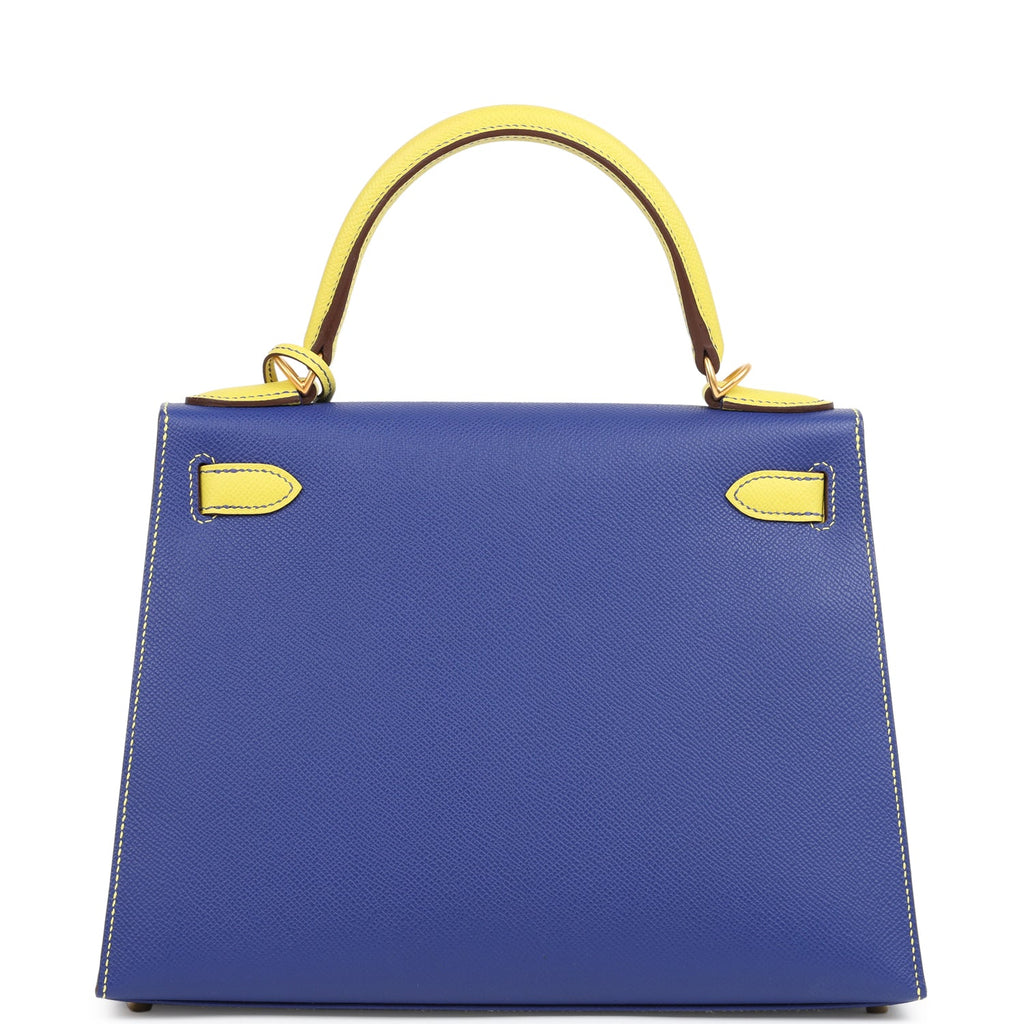 Hermes Special Order (HSS) Kelly Sellier 28 Bleu Electric and Lime Epsom Brushed Gold Hardware - Image 5