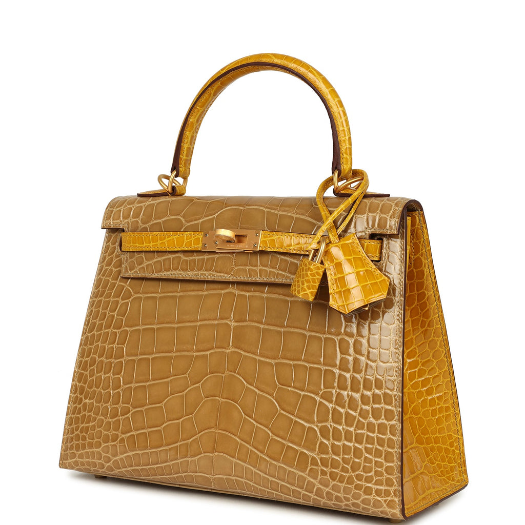 Hermes Special Order (HSS) Kelly Sellier 25 Beige Sable and Jaune Ambre Shiny Alligator Mississpiensis Brushed Gold Hardware - Image 6