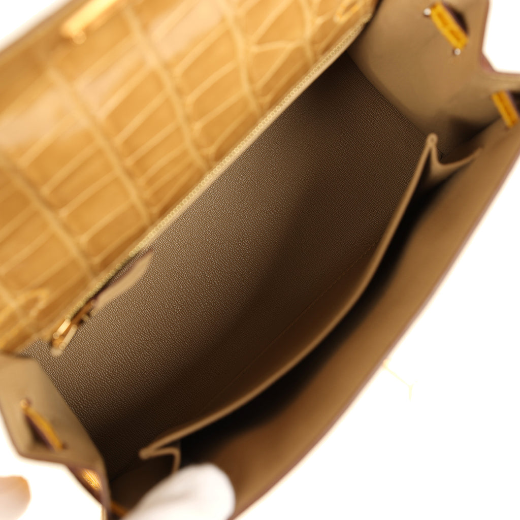 Hermes Special Order (HSS) Kelly Sellier 25 Beige Sable and Jaune Ambre Shiny Alligator Mississpiensis Brushed Gold Hardware - Image 9