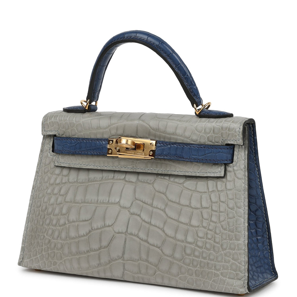 Pre-owned Hermes Special Order (HSS) Kelly Sellier 20 Gris Perle and Bleu de Malte Matte Alligator Gold Hardware - Image 6