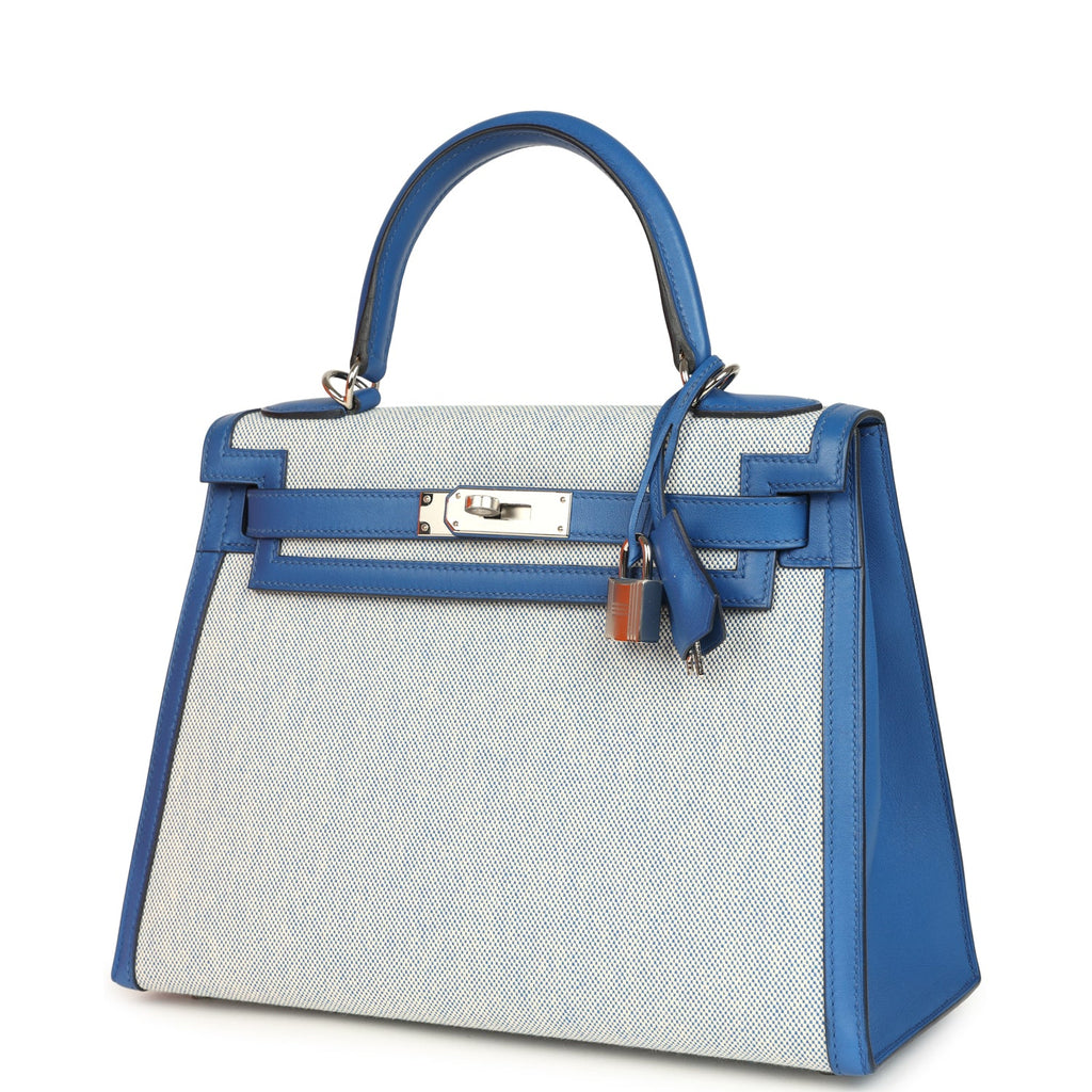 Pre-owned Hermes Kelly Sellier 28 Bleu France Swift and Ecru-Bleu Bill Toile H Canvas Palladium Hardware - Image 6
