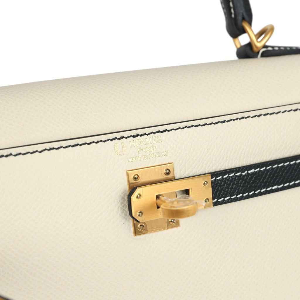 Hermes Special Order (HSS) Kelly Sellier 25 Craie and Black Epsom Brushed Gold Hardware - Image 8