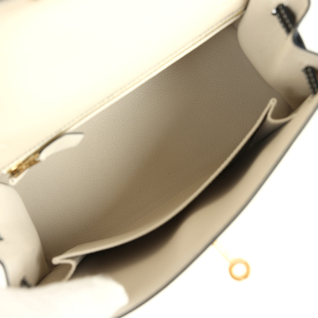 Hermes Special Order (HSS) Kelly Sellier 25 Craie and Black Epsom Brushed Gold Hardware - Image 9